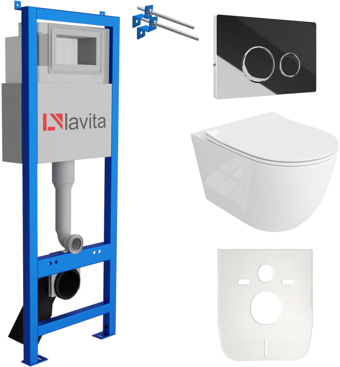 LAVITA® Inbouwreservoir Complete Toiletset LAV 101 - Inbouw WC Hangtoilet Wandcloset SINTO GRANDE Wit Hoogglans - Bedieningsplaat 200.4.2 Chroom - Voorwandelement voor toilet 40cm - Installatiesysteem