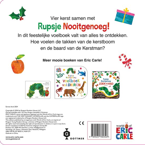 Boek achterkant met Rupsje Nooitgenoeg, kerstboom, cadeaus en andere boeken van Eric Carle.