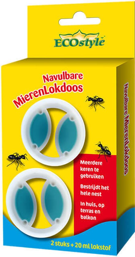 ECOstyle Navulbare Mierenlokdoos - Mieren Bestrijding - Binnen & Buiten - Bestrijdt hele Nest - Snel & Effectief - 2 Stuks