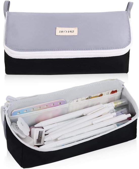LEDAOU Pennenetui, grote capaciteit etui met ritssluiting, schoolmateriaal voor tienermeisjes, grasgroen lichtgrijs, 22 cm x 12 cm x 9 cm, Schooletui