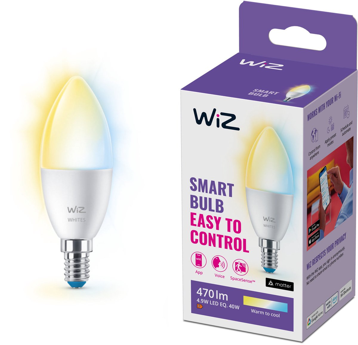WiZ Kaarslamp C37 E14 ledlamp Wifi + Bluetooth protocol