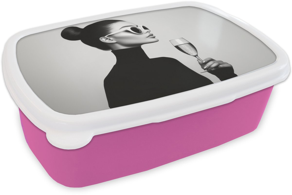Broodtrommel Roze - Lunchbox Vrouw - Champagne - Modern - Brooddoos 18x12x6 cm - Brood lunch box - Broodtrommels voor kinderen en volwassenen