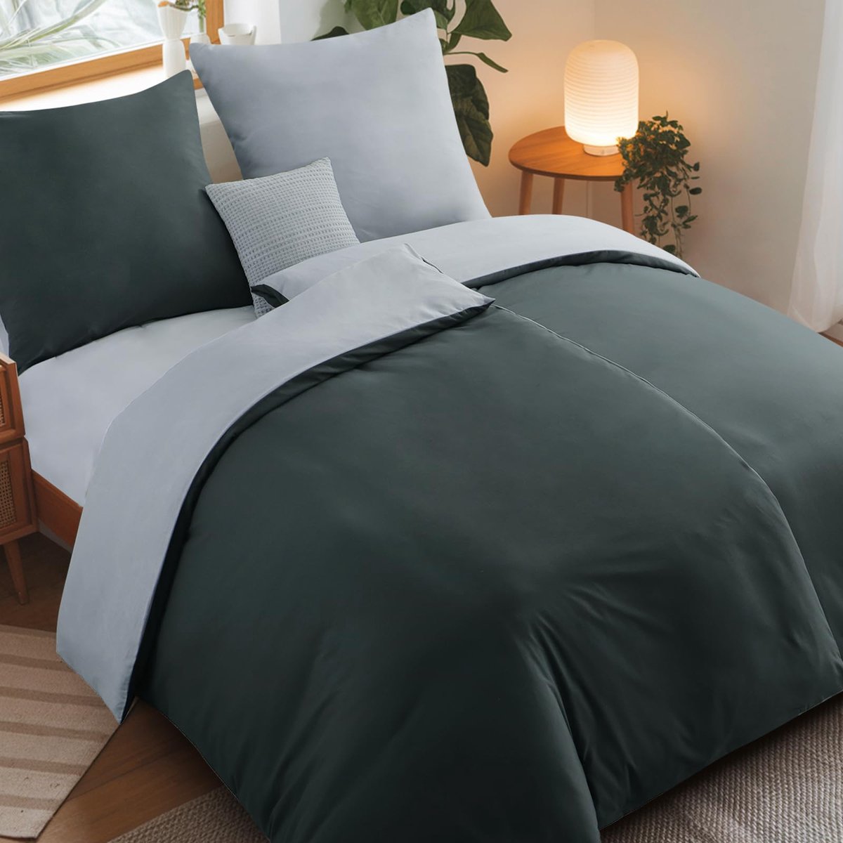 Unyqoos ® Beddengoedset van Zachte Microvezel met Omkeerbaar Design en Ritssluiting antraciet grijs