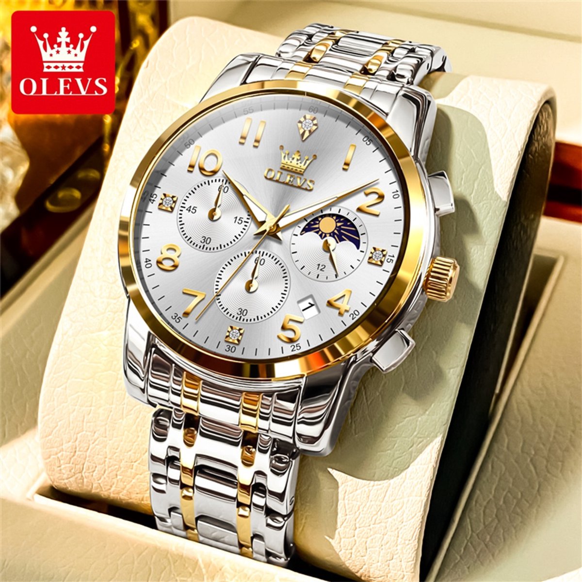 HO-3628.gz-z : Olevs zilver-goudkl edelstaal horloge, zilverwitte wijzerplaat, goudkl cijfers, uren minuten maanfase -aanduiding, dagkalender