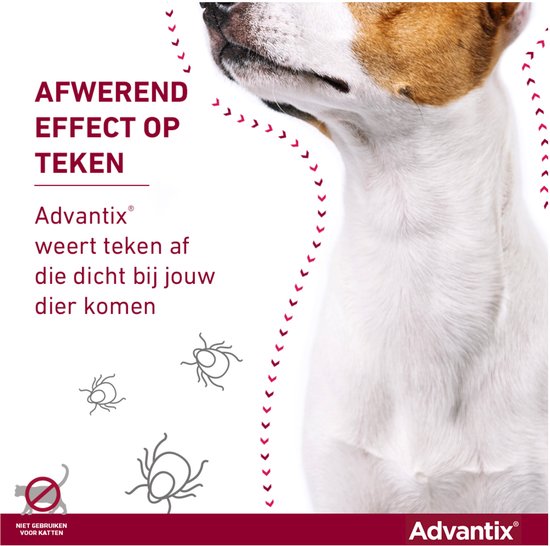 Jack Russell Terriër met tekst "Afwerend effect op teken". Vlooien en teken getekend.