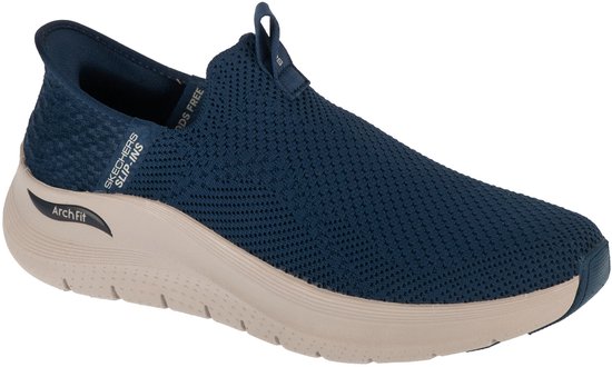 Donkerblauwe Skechers Slip-ins sportschoen met beige zool en 'Arch Fit' tekst.