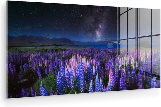 MuchoWow® Glasschilderij 160x80 cm - Schilderij acrylglas - Bloemen - Nacht - Lupine - Sterrenhemel - Paars - Natuur - Foto op glas - Muurdecoratie woonkamer - Wanddecoratie slaapkamer - Schilderijen