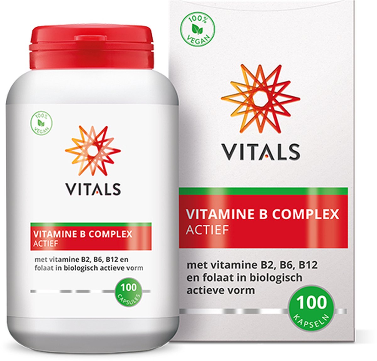 Goedkoopste Vitals Vitamine B Complex Actief - 100 capsules. Compleet B-complex met de biologische actieve vormen van B2, B6, B12 en folaat.