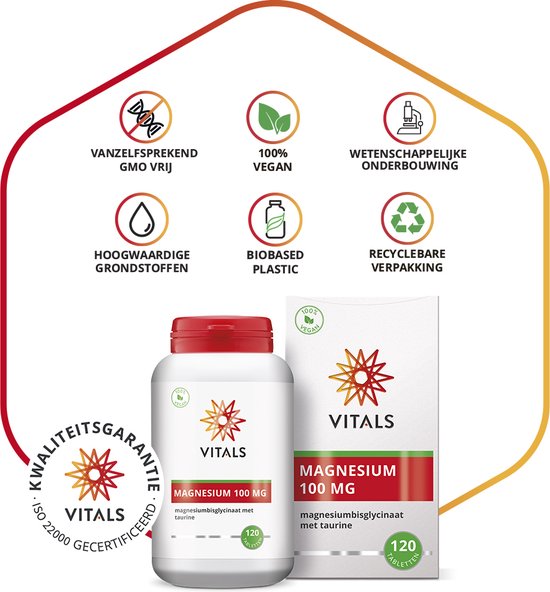 Vitals Magnesium 100 MG pot en doosje met 120 tabletten. Met keurmerken: 100% vegan, ISO 22000, biobased plastic.