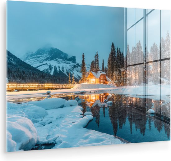 MuchoWow® Peinture sur verre 160x120 cm - Peinture sur verre acrylique - Paysage d'hiver - Nature - Maison - Montagnes - Neige - Photo sur verre - Décoration murale salon - Décoration murale chambre - Peintures