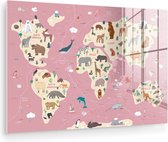 Peinture sur Verre - Carte du Wereldkaart pour Enfants - Animaux - Terre - 60x40 cm - Peintures sur Verre Peintures - Photo sur Glas