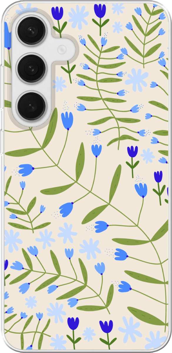 Telefoonhoesje Geschikt voor Samsung Galaxy S25 Plus hoesje - Bloem - Bladeren - Blauw - Siliconen Telefoonhoesje Telefoonhoesje