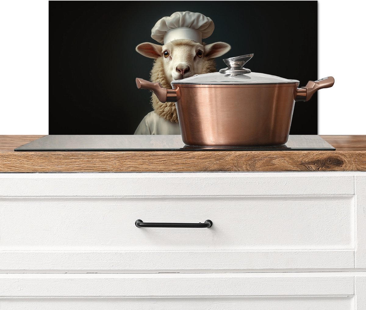 Spatscherm keuken 60x30 cm - Kookplaat achterwand Schaap - Wol - Kok - Muurbeschermer - Spatwand fornuis - Hoogwaardig aluminium