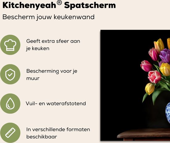 Crédence de Cuisinière en Aluminium 90x60 cm - Tulipes - Couleurs - Vase - Écran Pare-éclaboussures pour Plaque de Cuisson - Protection Murale