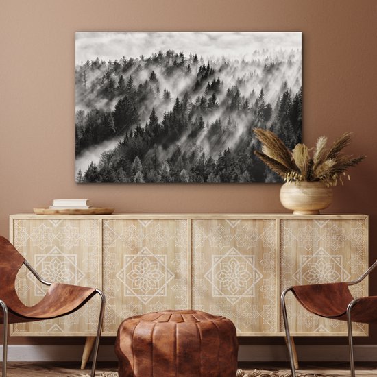 Tableau sur aluminium 120x80 cm - Décoration murale en métal - Paysage - Brume - Forêt - Nature - Décoration murale en métal pour salon - Décoration industrielle - Photo sur Dibond - Accessoires industriels pour chambre