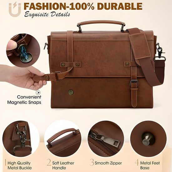 NEWHEY Umhängetasche Herren 15,6 Zoll Aktentasche Vintage Laptoptasche mit Gepolstertem Schultergurt Wasserdichte Messenger Bag Arbeitstasche für Geschäft Arbeit Schule Kaffee