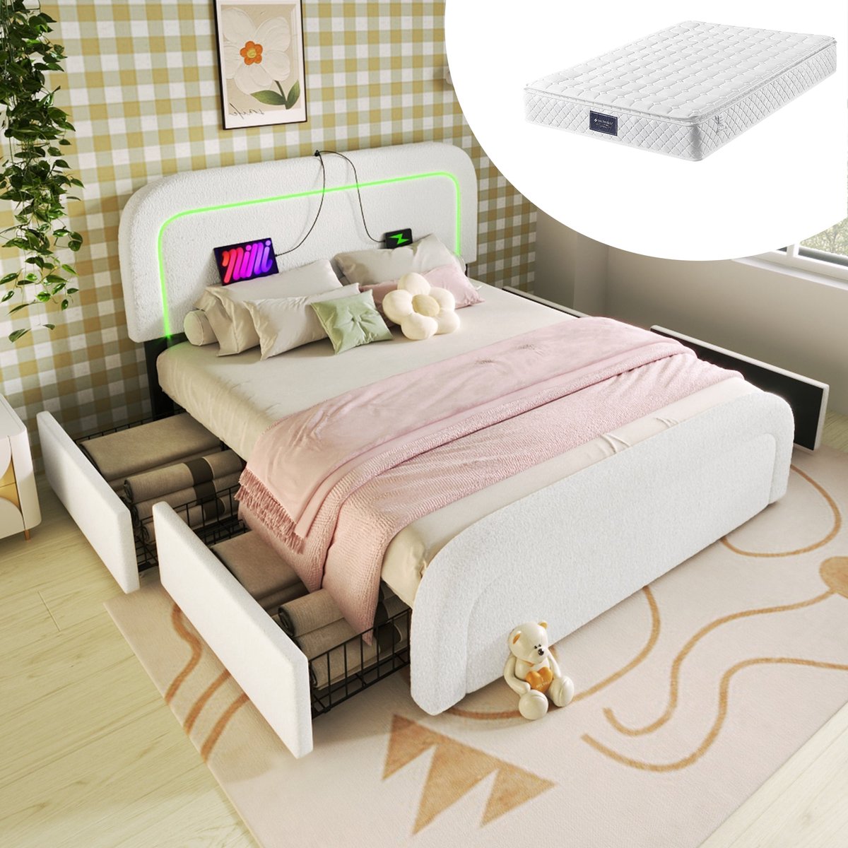 Merax Luxe Tweepersoonsbed 160x200 cm met Matras en 4 Lades – Wit – Sherpa Gestoffeerd Bed met USB-C Oplaadfunctie en LED Verlichting – Verstelbaar Hoofdbord