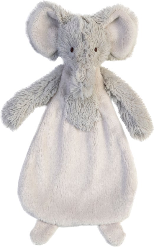 Zachtgrijs olifant knuffeldoekje met lange slurf en grote oren.