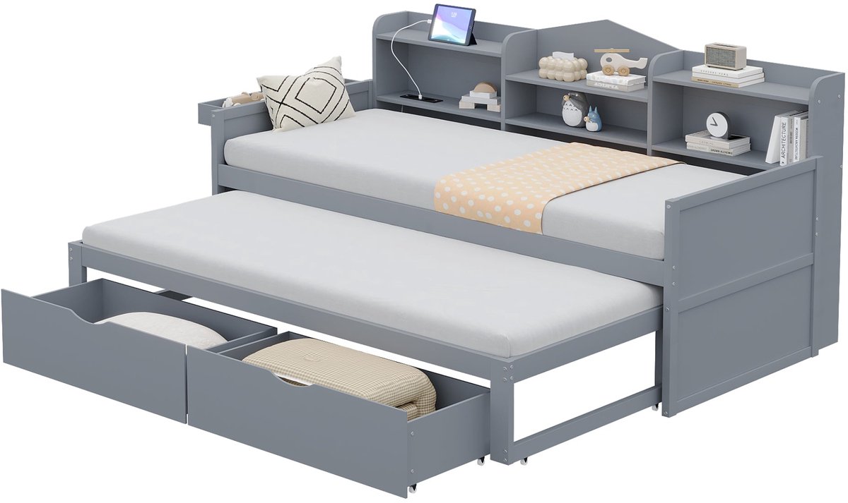 Merax Slaapbank 90x200 cm met Extra Uittrekbaar Bed 90x190 cm - 2 Opberglades - Groot Opbergvak en USB-Aansluiting – Grijs