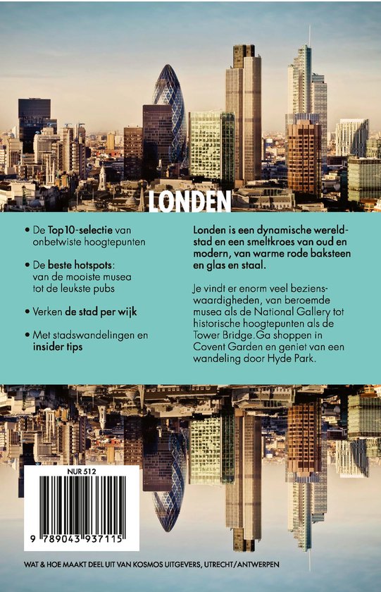 Boek "Londen" met gebouwen, "top 10 selectie van onbetwiste hoogtepunten", "beste hotspots", "verken de stad per wijk", "stads wandelingen en insider tips".