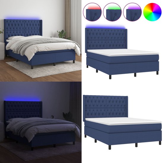 vidaXL Boxspring met matras en LED stof blauw 140x200 cm - Boxspring - Boxsprings - Bed - Slaapmeubel