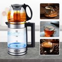 Glazen waterkoker en theepot met roestvrijstalen filter en zwarte handgreep. De waterkoker heeft een inhoud van 2,2L.