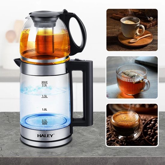 Glazen waterkoker en theepot met roestvrijstalen filter en zwarte handgreep. De waterkoker heeft een inhoud van 2,2L.