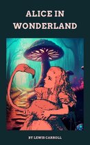 Alice in Wonderland, met Alice die een flamingo vasthoudt in een paddenstoelenbos.