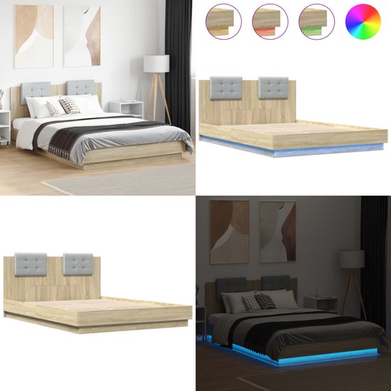 Cadre de lit vidaXL avec tête de lit et LED couleur chêne Sonoma 120 x 200 cm - Cadre de lit - Encadrements de lit - Lit - Lit double