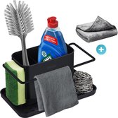 Rilenta® Organiseur de comptoir et de Cuisine avec porte-torchons - Chiffon de nettoyage inclus - Égouttoir en acier inoxydable - Support d'évier pratique pour torchons et Essuies de vaisselle - Organiseur de meuble d'évier - Zwart