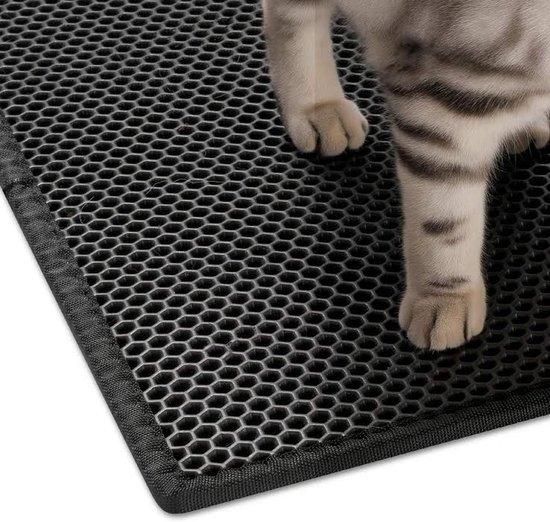 Un chat tigré se tient sur un tapis noir en nid d'abeille, l'accent est mis sur les pattes du chat.