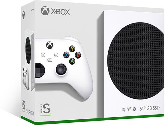 Verpakking van de Xbox Series S console met een afbeelding van de witte console en controller.
