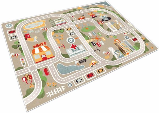 Kindertapijt Speeltapijt Straatauto Dierenuniversum Blauw Groen Grijs(Maat: 80×160cm