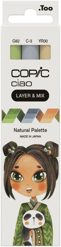 Palette Copic Ciao « LAYER & MIX » Natural , 3 pièces, beige, vert clair, Grijs clair, pointe biseautée/pinceau, ronde, encre à base d'alcool, adulte/enfant