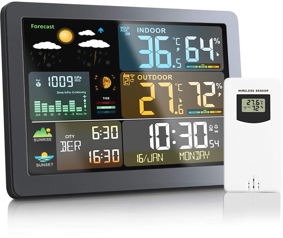 Draadloos Weerstation met Buitensensor en Groot Kleurendisplay - Weersvoorspelling, Temperatuur, Luchtvochtigheid & Luchtdruk