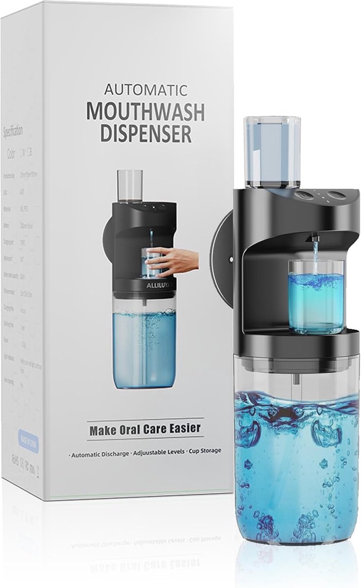 Automatische mondspoeldispenser 550 ml - Waterdicht en Navulbaar met 2 Bekers - Zelfreinigend en Druppelbestendig