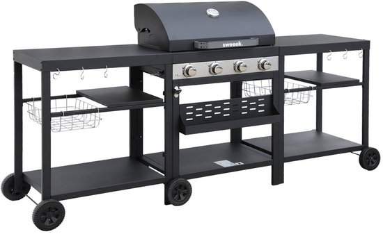 sweeek - Barbecue met 4 branders, buitenkeuken danglars, zwart staal, l 223,5 x b 60,5 x h 142 cm