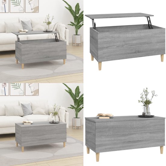 Grijze salontafel met houtnerf, opklapbaar blad en gesloten blad, op houten pootjes.