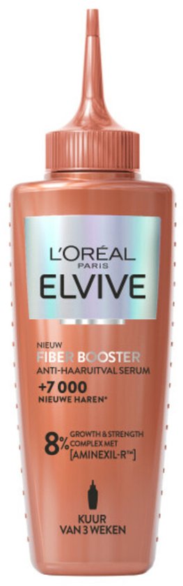 L'Oréal Elvive Fiber Booster anti-haaruitval serum in een roze fles met applicator. Kuur van 3 weken.