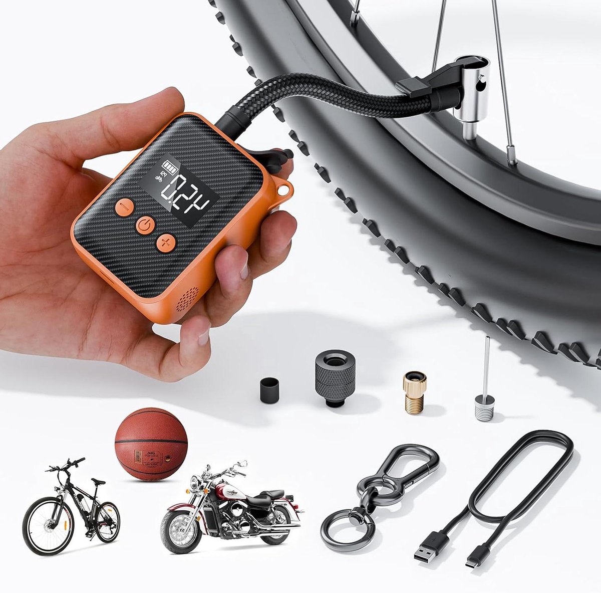 Draagbare elektrische fietspomp - 130 psi - automatische uitschakeling - oranje
