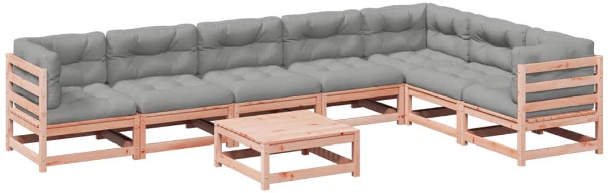 Massief douglas vurenhout loungeset met kussens in tuinsetting - hoekbank en houten bank.