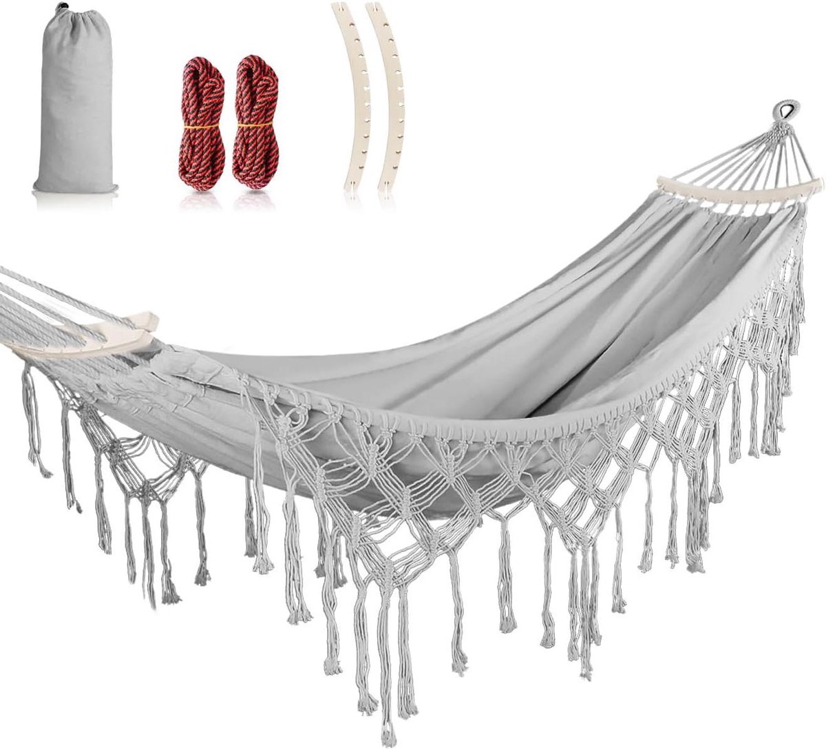 Hangmat voor buiten - Boheemse stijl - 1 stuk - Grijs - Duurzame canvas stof
