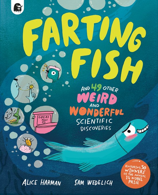 Boek "Farting Fish" met een illustratie van een blauwe vis met een grote glimlach. Titel in gele letters.