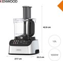 Robot culinaire Kenwood, mesurant 42,9 cm de haut, 27,7 cm de large et 22,2 cm de profondeur. Capacité 1,2 L, 1000 W.