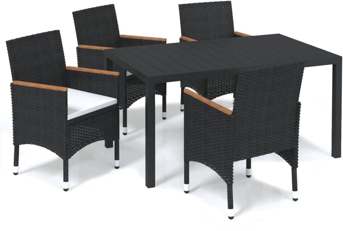 The Living Store 5-delige Tuinset met kussens poly rattan zwart - Tuinstoel - Tuinset - Buitentijd - Lounge Set - Eetkamerset