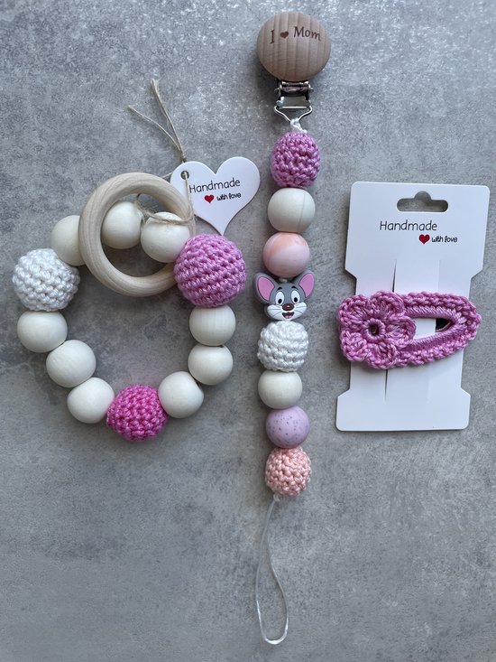 Maminobaby.nl baby geschenkset - Handgemaakte speenkoord | Gehaakte haarclip | Handgemaakte bijtring — afbeelding 2