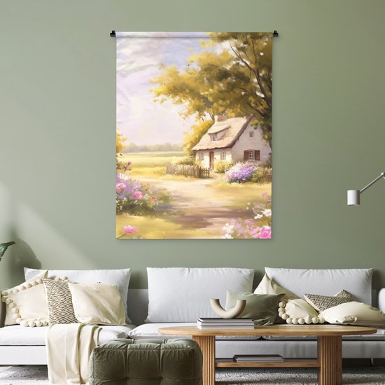 Tapisserie murale 90x120 cm - Tenture murale Maison - Bois - Fleurs - Tapisserie - Tapisseries