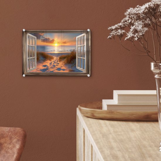 MuchoWow® Peinture sur verre 30x20 cm - Peinture sur verre acrylique - Vue à travers - Plage - Dunes - Coucher de soleil - Photo sur verre - Décoration murale salon - Décoration murale chambre - Peintures