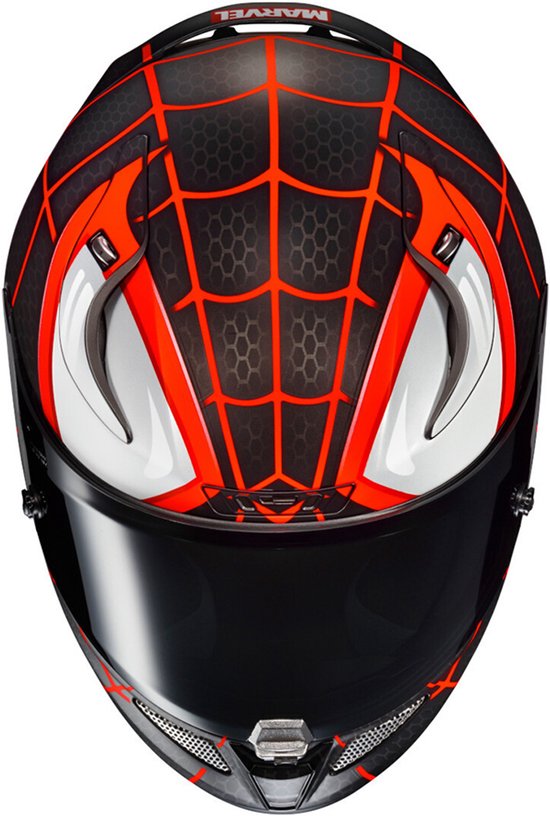 Zwarte HJC helm met rood spinnenwebpatroon, witte ogen en Marvel-logo.