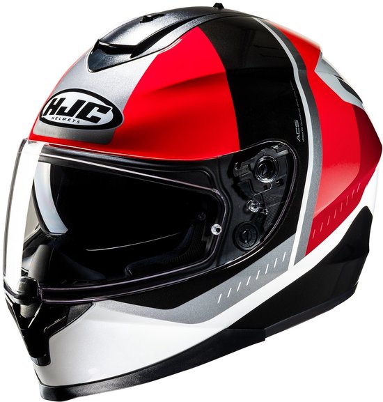 HJC integraalhelm met rode, zwarte en witte graphics en een zilveren HJC-logo.